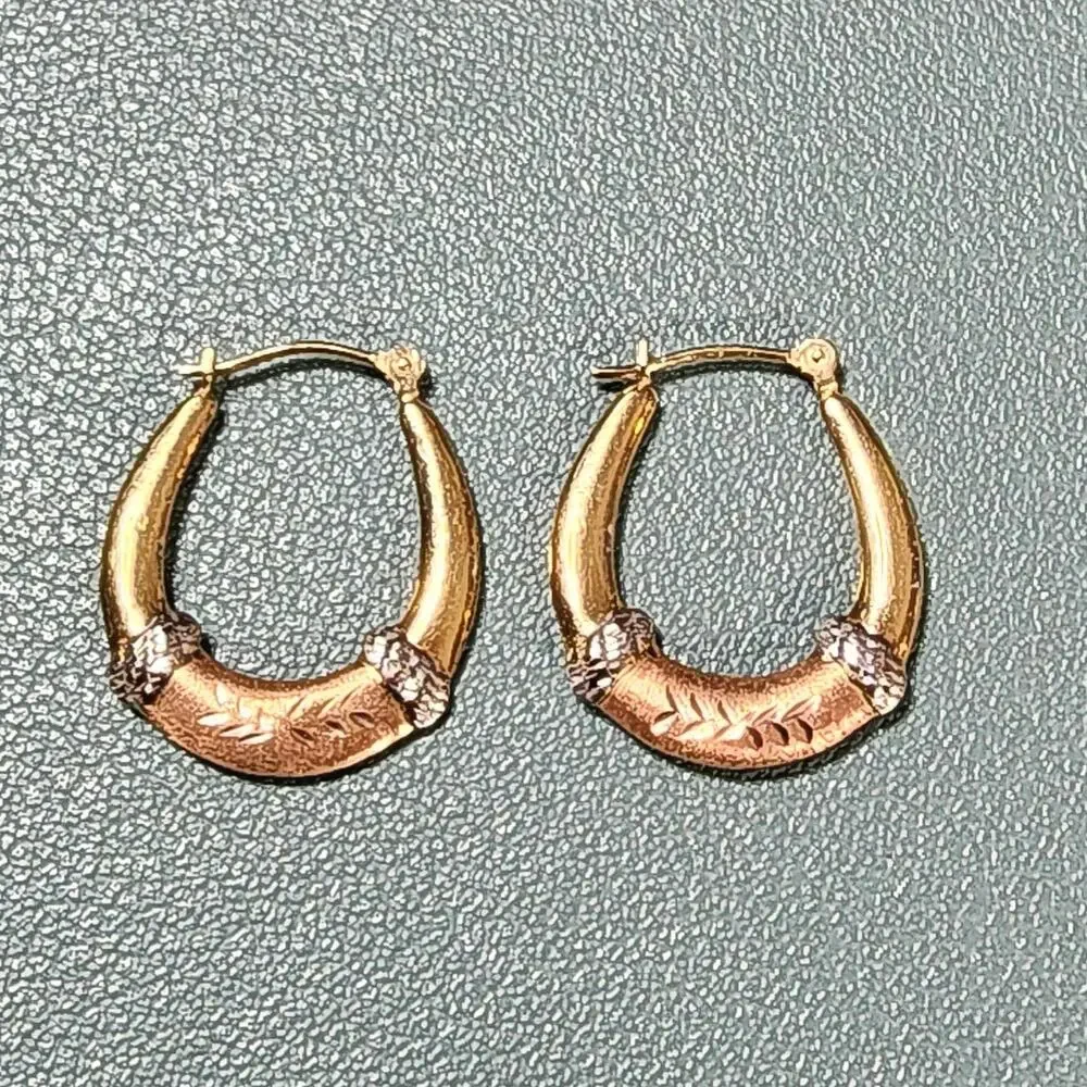Vintage JCM 14K Fine Tri Tone Gold Diamond Cut Puff Hoop Earrings
